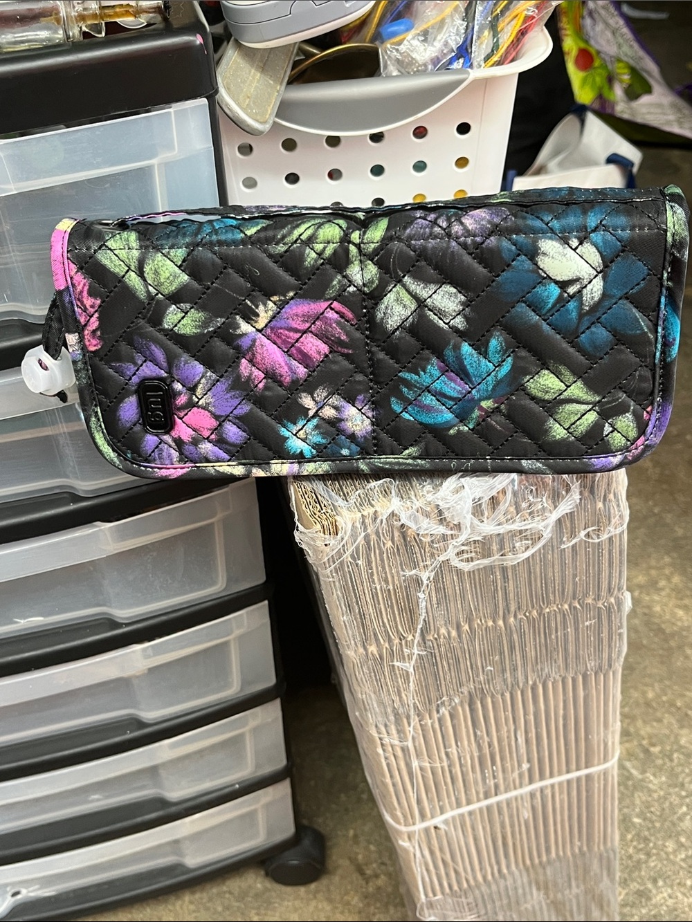 lug Quilted Black Wristlet with Pink, Purple, Teal and Green Floral Print